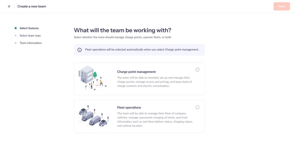 The Monta Hub “Create a new team” step asking what the team will be working with, offering Charge point management and Fleet operations options.