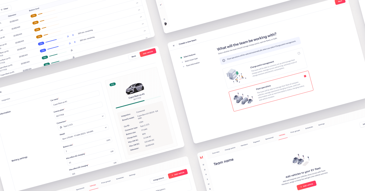 Angled collage of Monta Hub fleet screens showing a vehicle list with battery levels, a vehicle detail page for a Cupra Born, and the team setup flow.