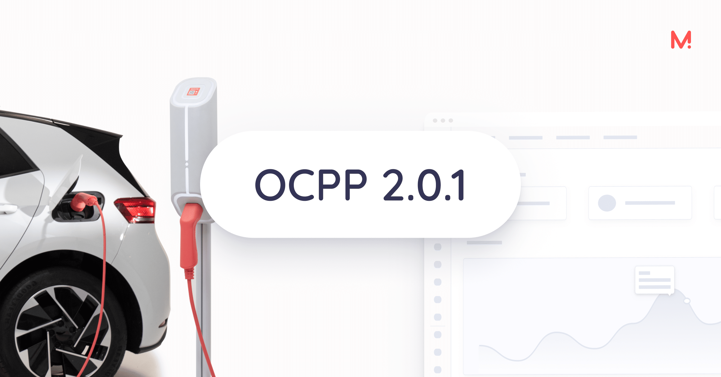 A white electric car plugged into a white Monta charge point with a red cable, beside a stylised dashboard, with a badge reading "OCPP 2.0.1".
