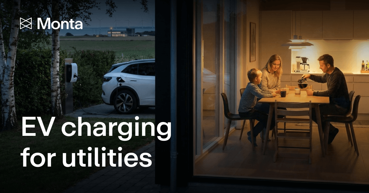A family enjoying dinner indoors, while an electric vehicle is charging outside in a softly lit setting. Text highlights "EV charging for utilities".