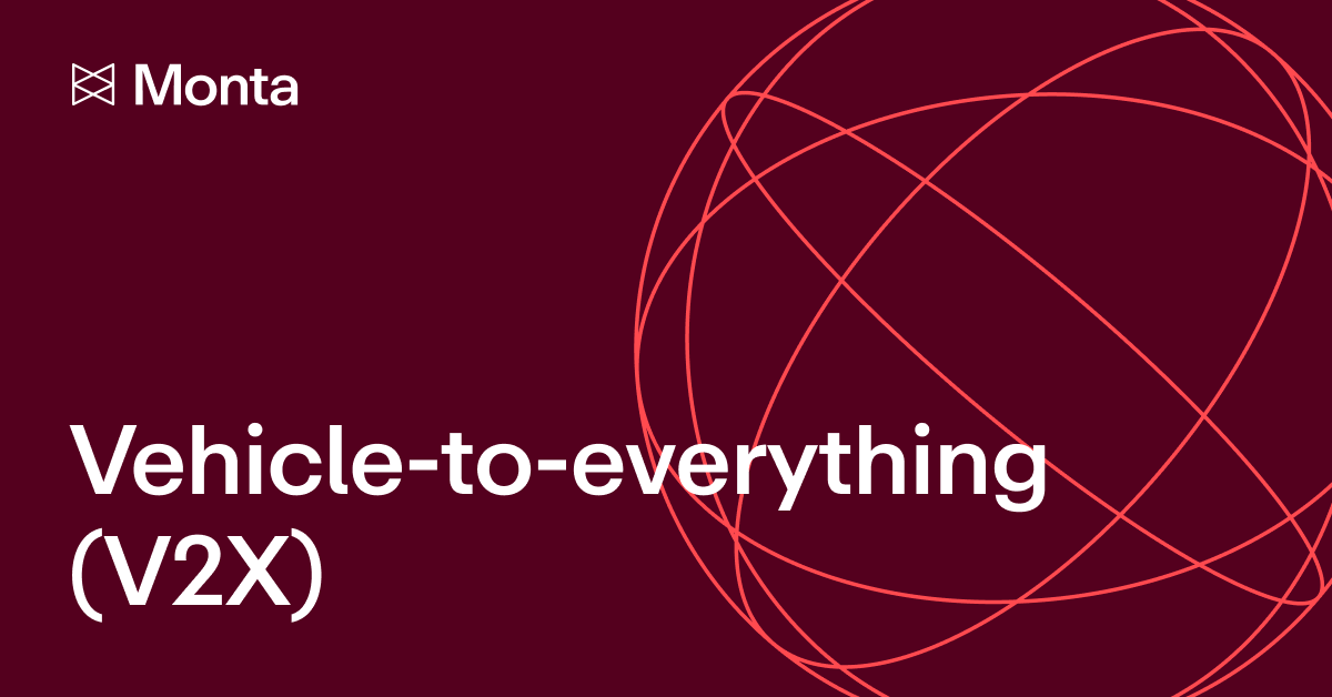 Abstract graphic with intertwining red lines on a dark maroon background, featuring the text "Vehicle-to-everything (V2X)" and "Monta".