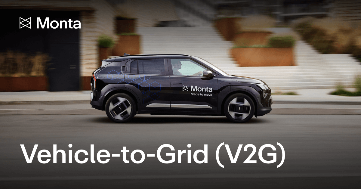 A dark-coloured SUV with a geometric pattern drives past modern steps and planters, featuring the text 'Vehicle-to-Grid (V2G)' below.
