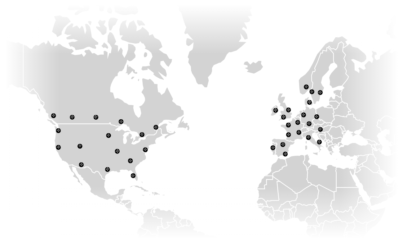 Map of Europe and North America with charge point markers