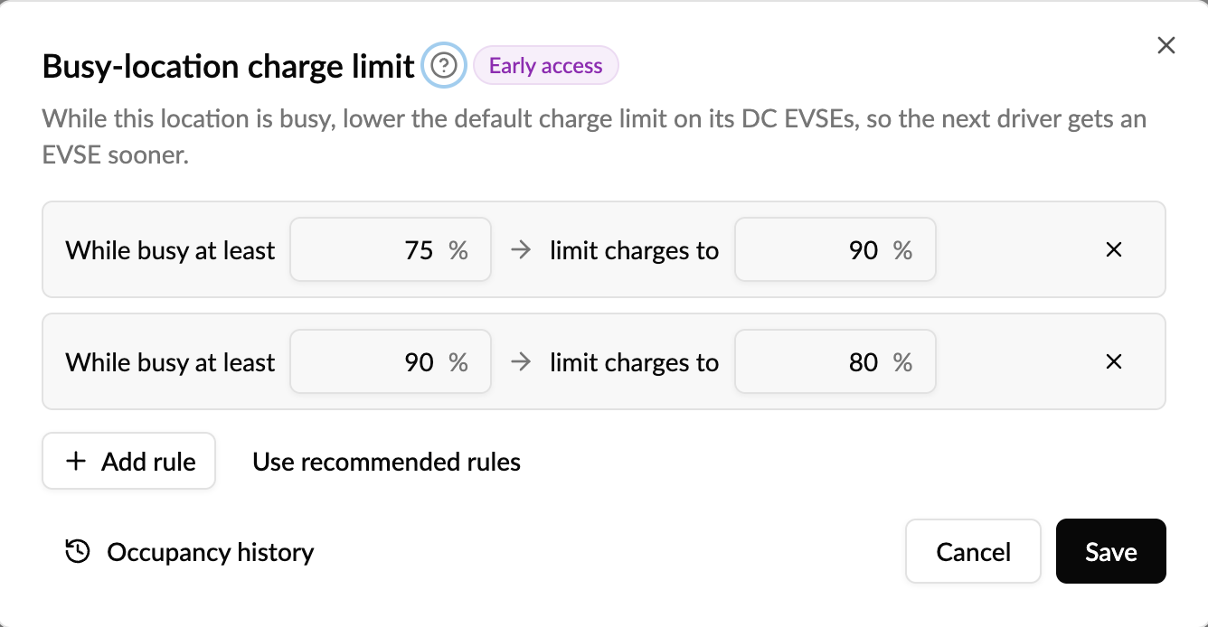 Busy-location charge limit editor with two rules: while busy at least 75%, limit charges to 90%; while busy at least 90%, limit charges to 80%