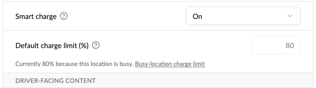 A DC charge point showing its default charge limit set to 80% because the location is busy