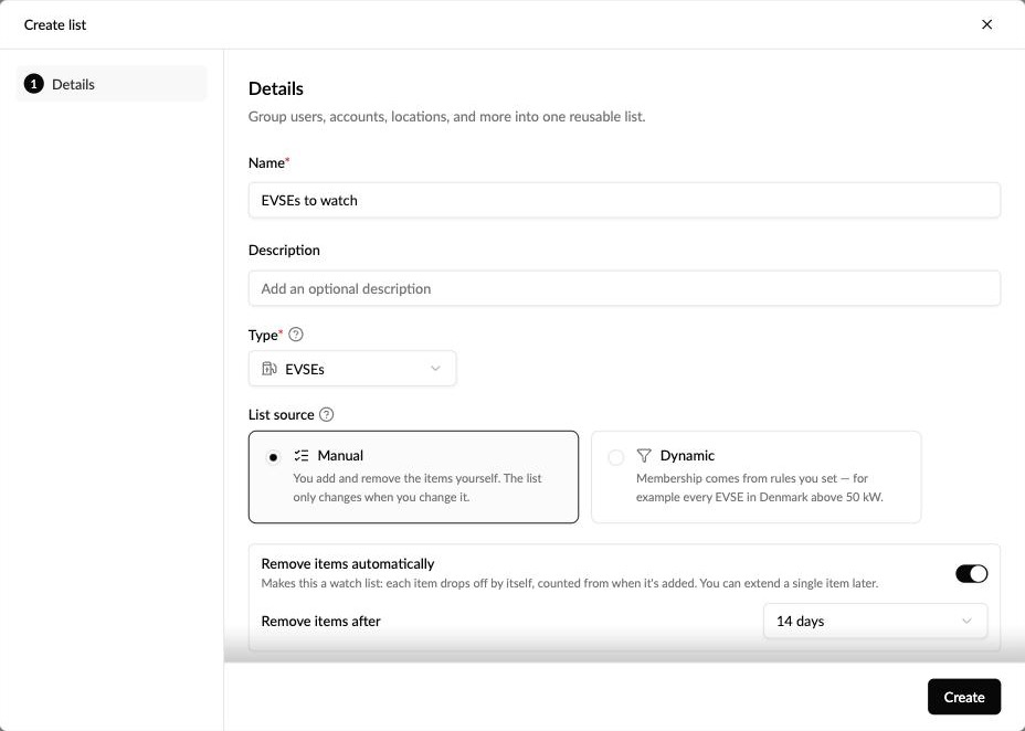 Create list wizard prefilled from the EVSE watch list template, with Remove items automatically set to 14 days