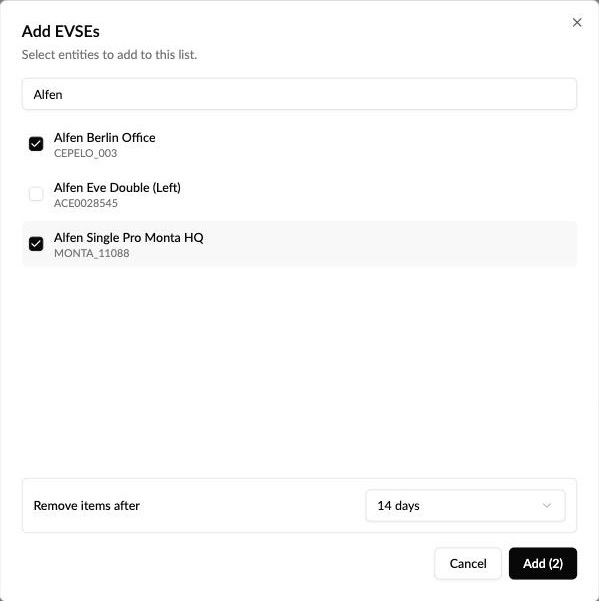 Add EVSEs dialog with Remove items after set to 14 days