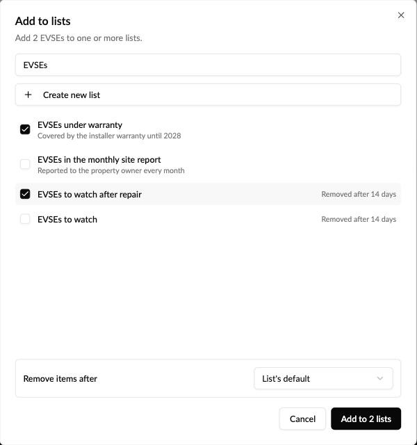 Add to lists dialog opened from the Network EVSE table
