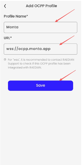 Form for adding an OCPP profile, featuring fields for Profile Name, URL, and a prominent blue 