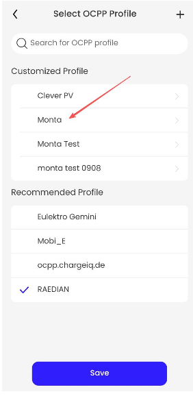 Dropdown menu for selecting an OCPP profile, highlighting 