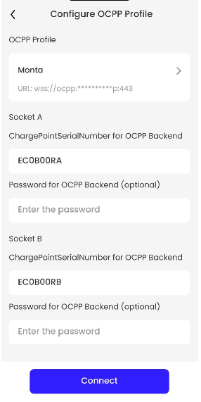 Configuration interface for OCPP Profile with fields for socket details, including serial numbers and password inputs, on a light background.