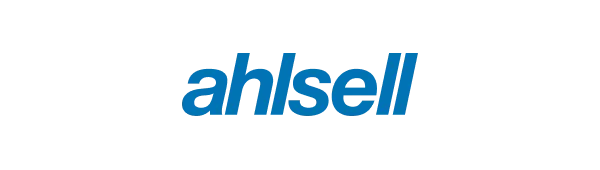 Logotyp för Ahlsell med texten "ahlsell" i blått på en svart bakgrund. Enkel och modern design.
