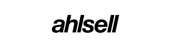 Logotyp för Ahlsell med stiliserad design, innehållande enkel typografi och grafiska element för att representera elbilsladdning.