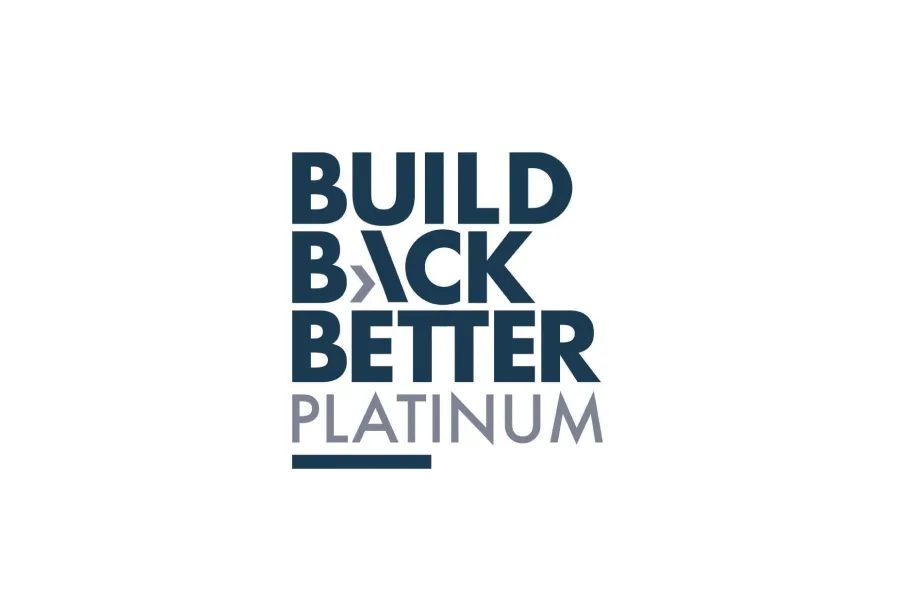 Text logo featuring "BUILD BACK BETTER" in bold navy blue with "PLATINUM" below in grey, all on a white square background.