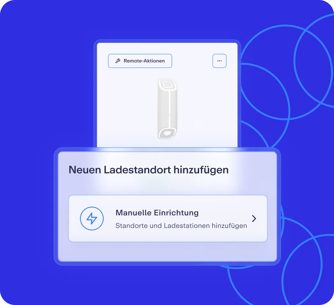 Helle Benutzeroberfläche mit einem weißen Ladegerät auf blauem Hintergrund, bietet Optionen zur manuellen Einrichtung von Ladestandorten.
