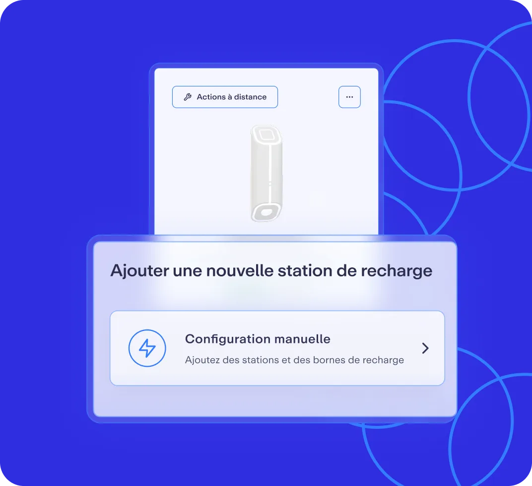 Illustration sur un fond bleu présentant un bouton de configuration pour ajouter une station de recharge pour véhicules électriques.