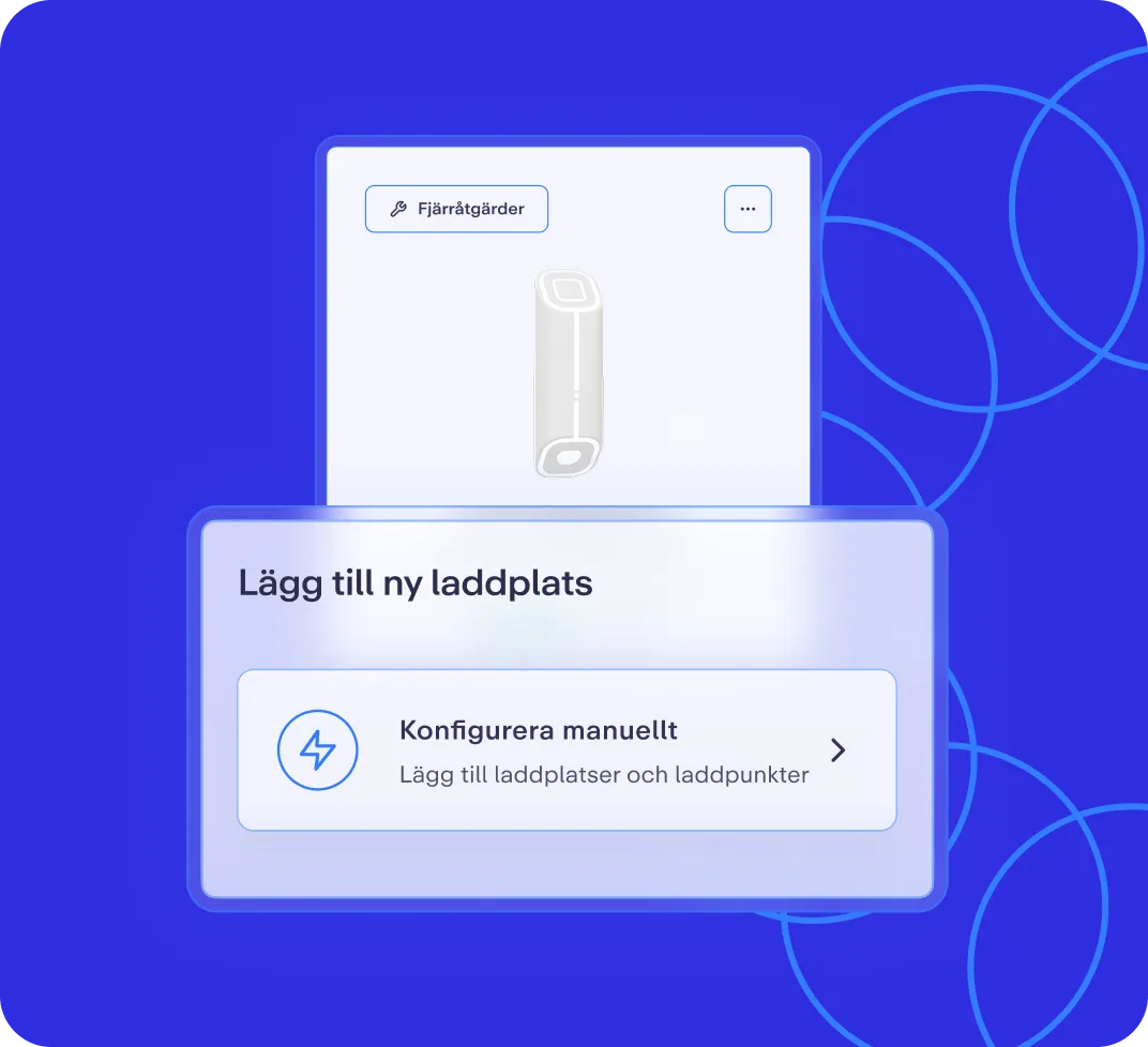 En ljusblå bakgrund med cirklar, ett centralt grått kortladdare-ikon och en vit ruta som uppmanar till att konfigurera laddplatser.