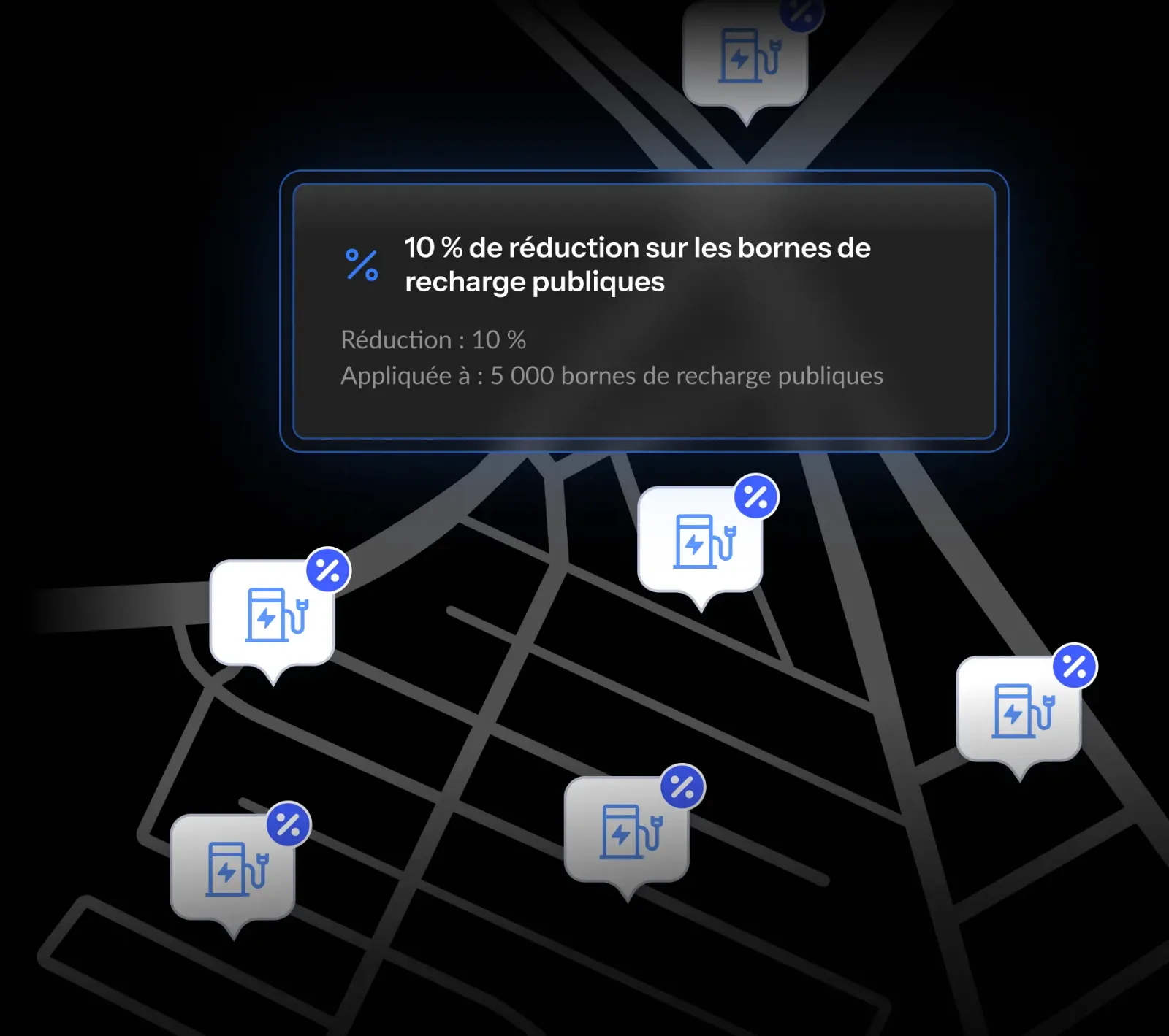 Carte sombre avec icônes de bornes de recharge publiques, présentant une promotion de 10 % sur les frais d'utilisation.