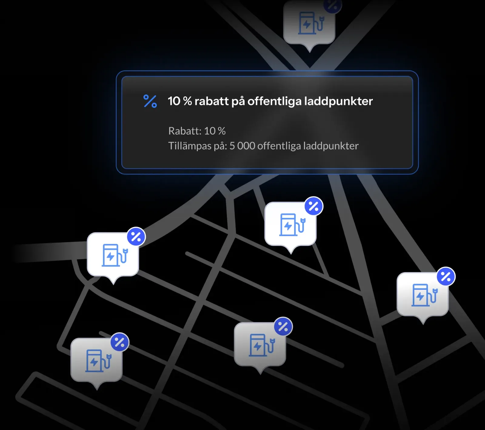 Karta med ikoner av laddstationer för elbilar, med en ruta som visar 10 % rabatt på offentliga laddpunkter.