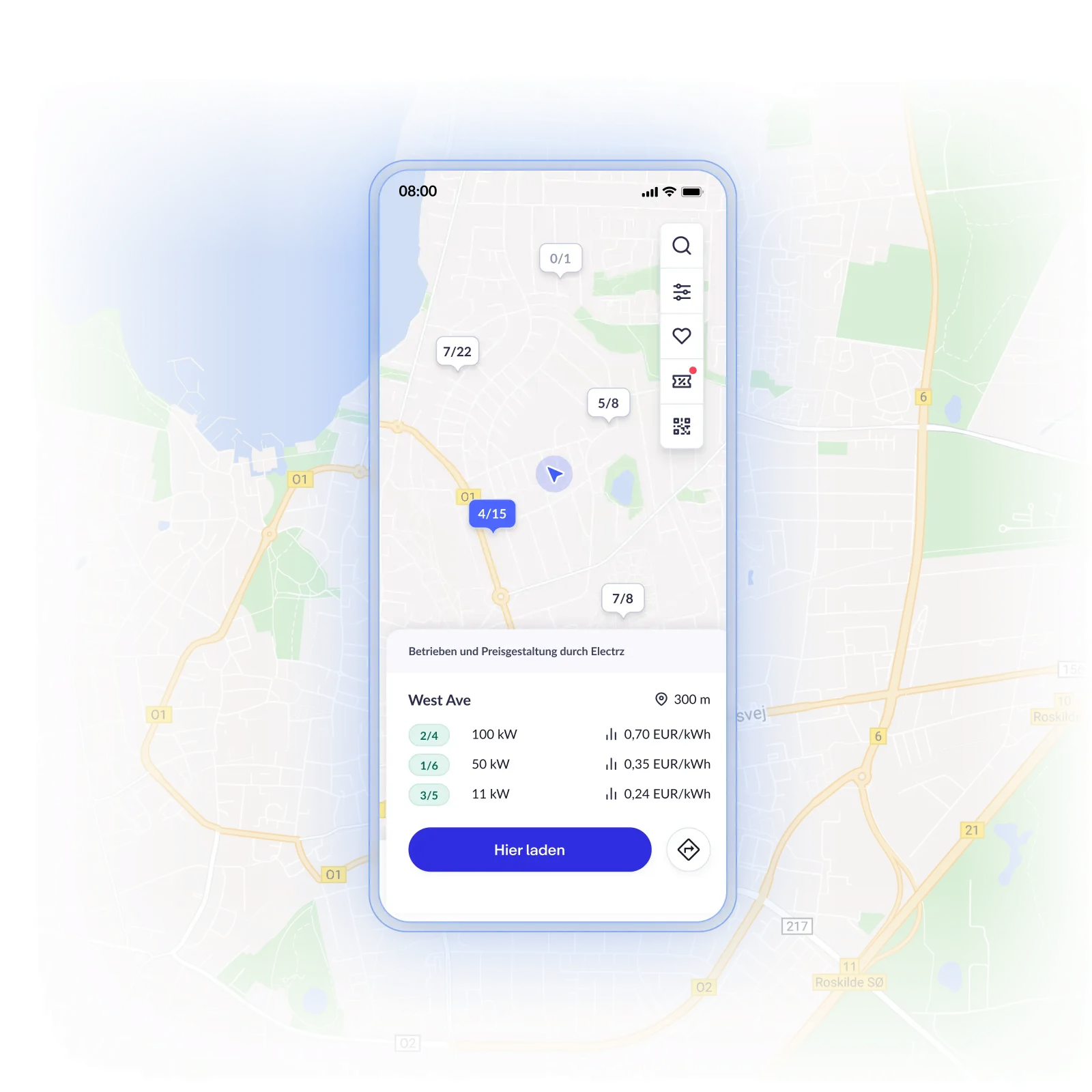 Kartenansicht mit Ladepunkten für Elektroautos, mobile App-Schnittstelle, zeigt Ladegeschwindigkeiten und Preise, in sanften Farben.