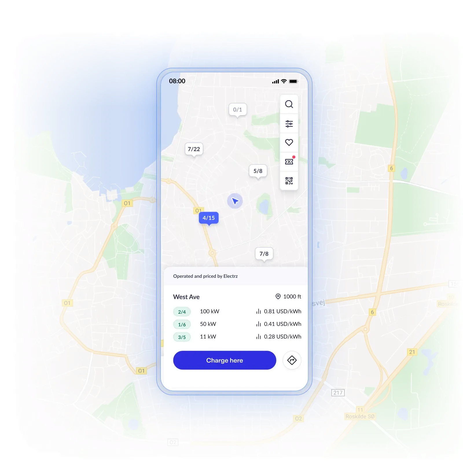Mobile app interface displaying a map with EV charging stations, highlighted route, and energy cost details. Soft blue and green colors.