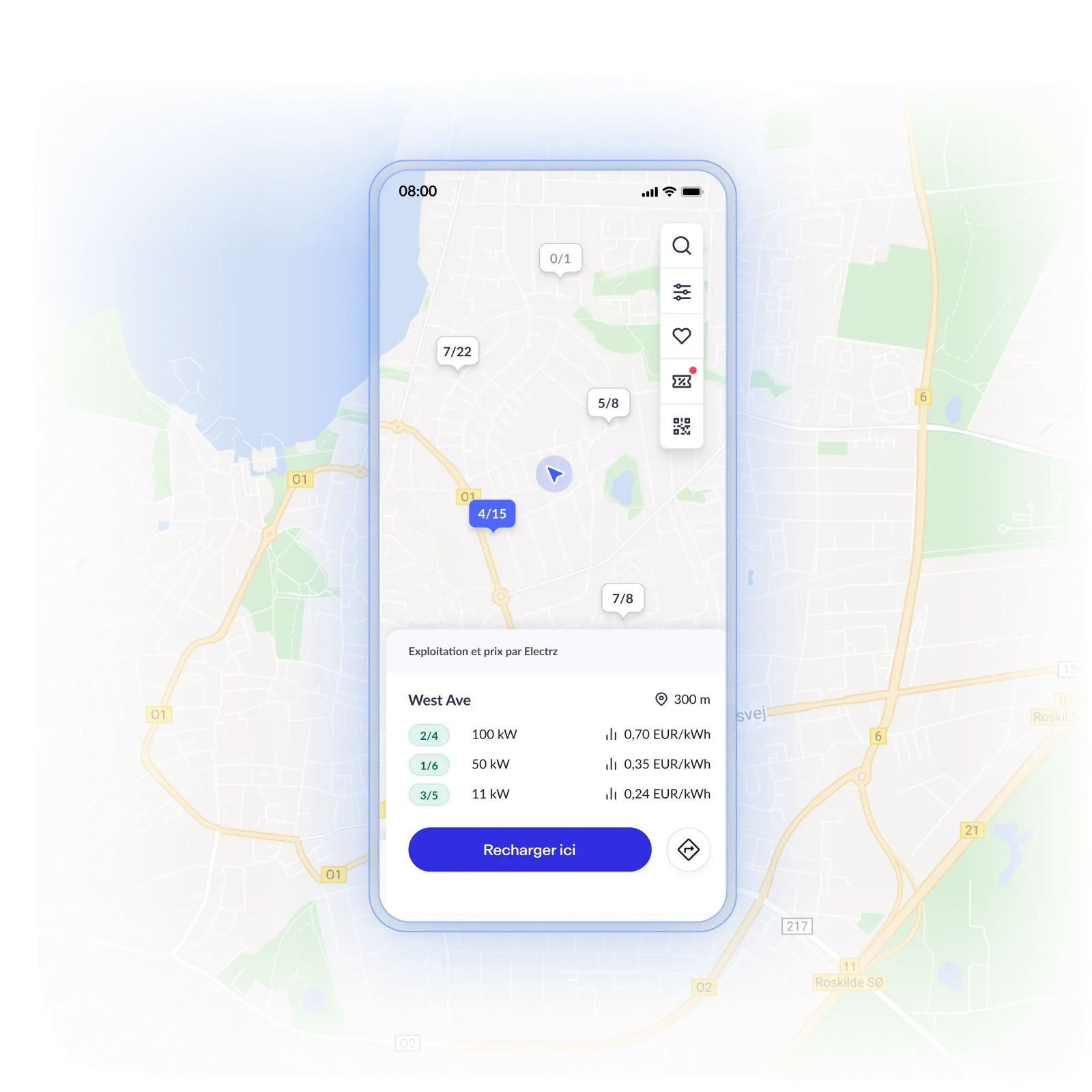 Carte numérique affichant des stations de recharge avec des informations sur la puissance et les tarifs, sur fond clair.