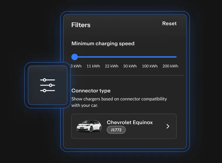 User interface displaying charging filters with a speed slider and connector type options, featuring a Chevrolet Equinox icon.