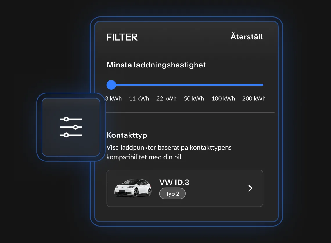 Filtergränssnitt för laddning med justerbar skala och information om kontakturval, inklusive bild av VW ID.3. Mörk bakgrund.
