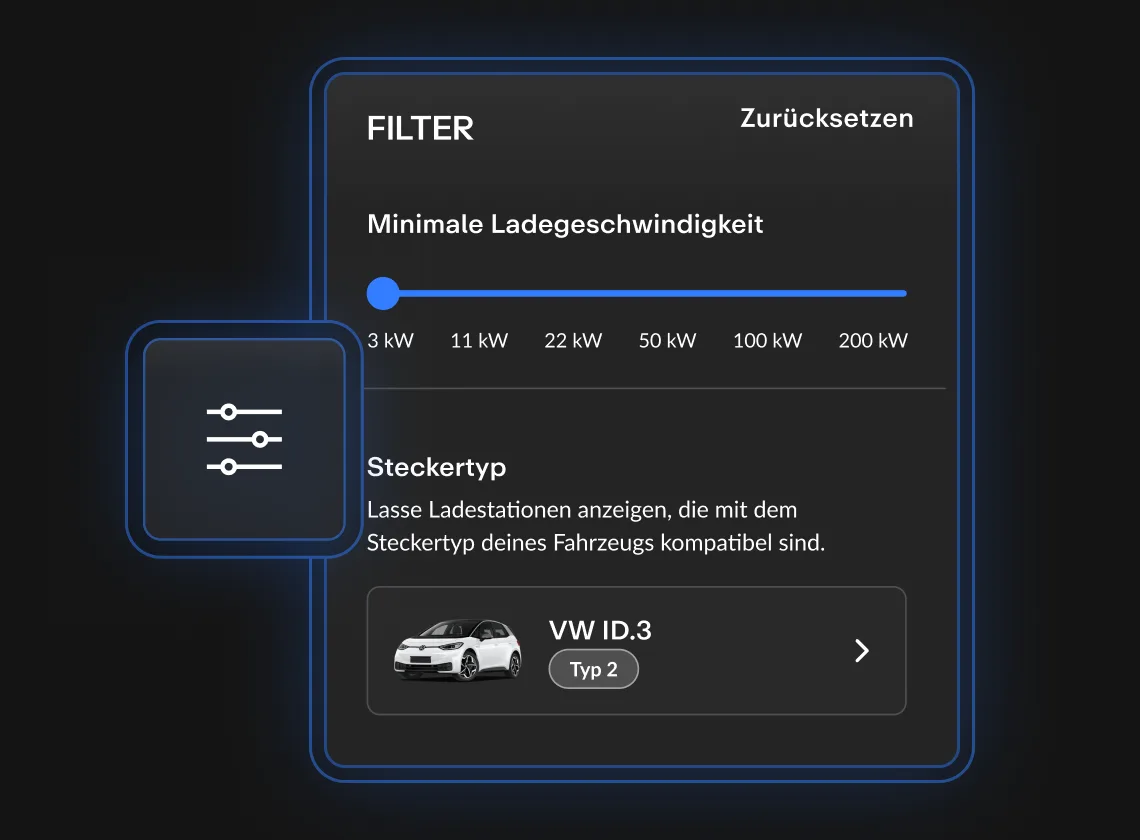 Interaktive Benutzeroberfläche mit einem Regler zur Ladegeschwindigkeit und Steckertyp-Auswahl für Elektrofahrzeuge, auf dunklem Hintergrund.