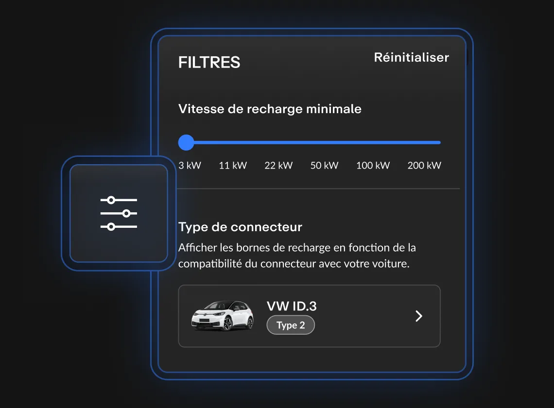 Interface de filtre pour la vitesse de recharge minimale, avec un curseur et des options de connecteur, incluant une image de voiture.