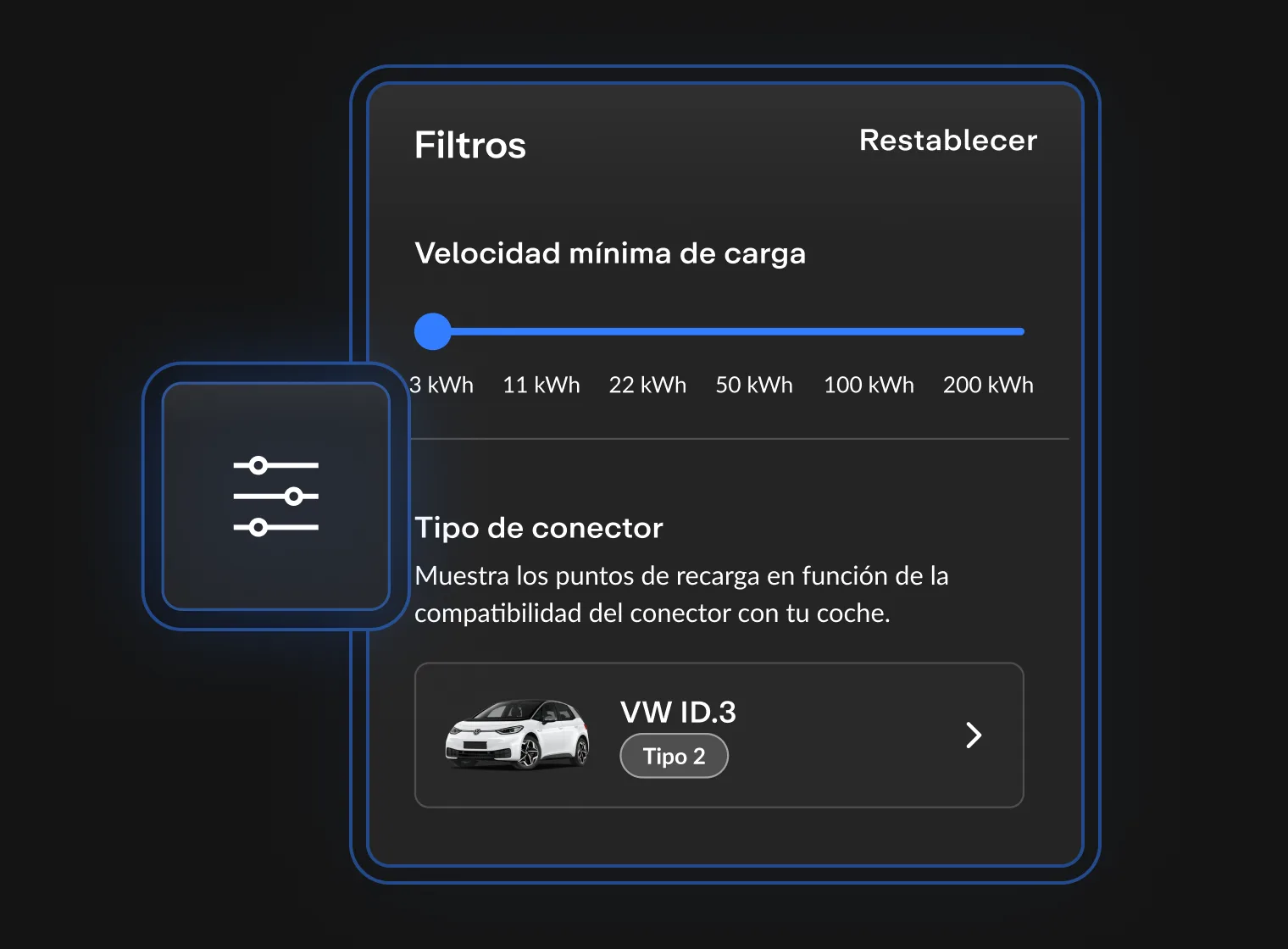 Interfaz de usuario con controles deslizantes para ajustar la velocidad de carga, mostrando un conector y un coche VW ID.3.