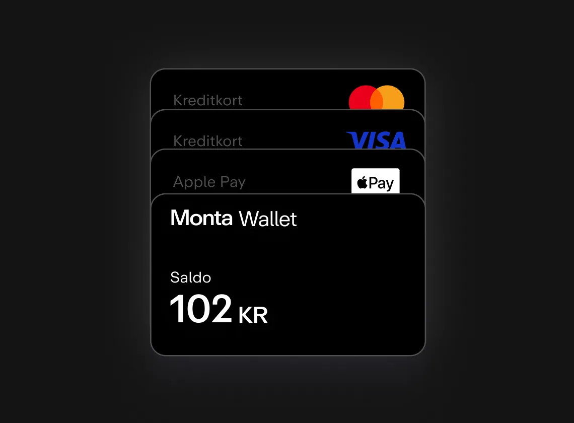 Skärm med tre kreditkort och Monta Wallet som visar ett saldo på 102 KR, allt på en mörk bakgrund.