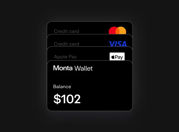 Black background displaying a Monta Wallet card with a balance of $102, featuring icons for Visa, Mastercard, and Apple Pay above it.