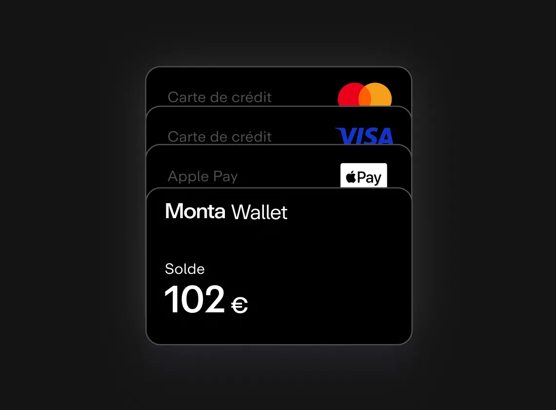 Cartes de paiement visibles sur fond noir, avec des logos Mastercard, Visa et Apple Pay, et un solde de 102 € pour Monta Wallet.