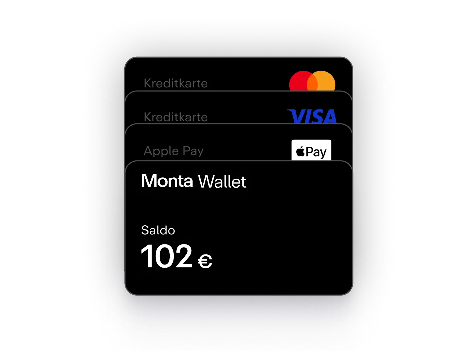 Kartenansicht mit Kreditkarten und Apple Pay in einem digitalen Geldbeutel, der ein Guthaben von 102 € anzeigt.