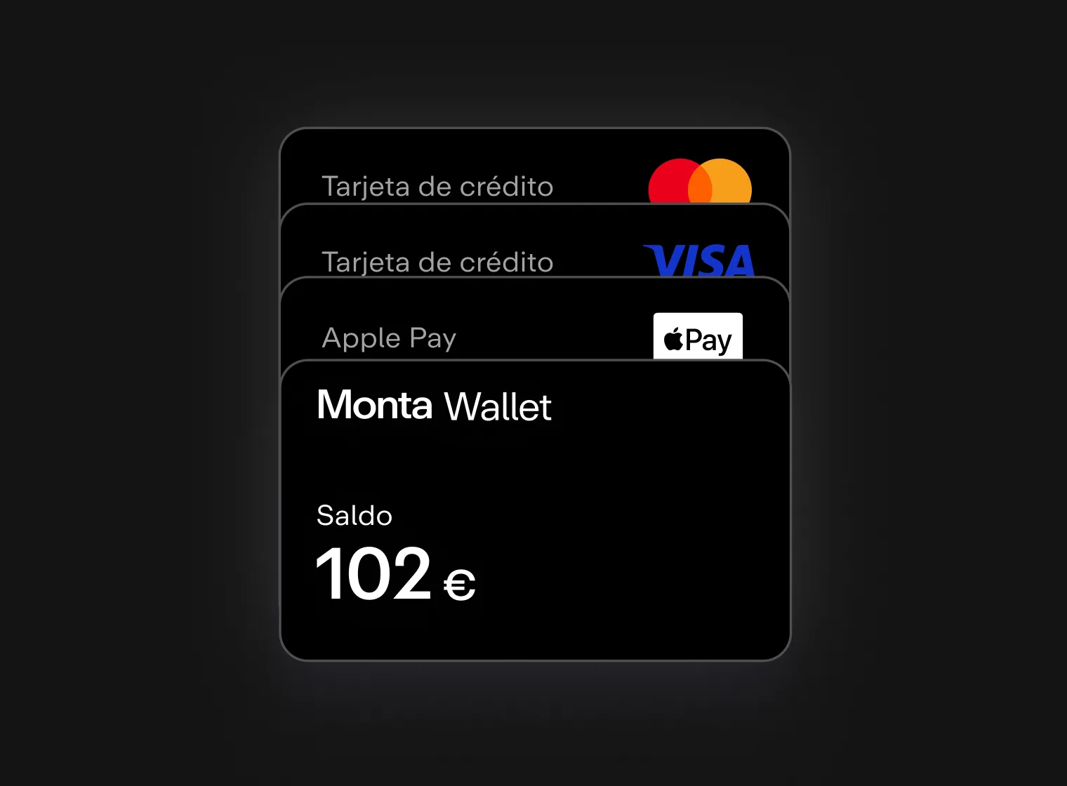 Tarjetas de crédito Visa y Mastercard, junto con el saldo de Monta Wallet (102 €) y Apple Pay, sobre fondo negro.