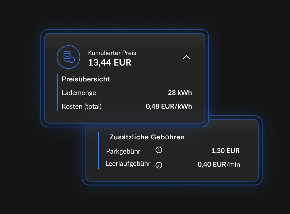 Preisinformationen für das Laden von Elektrofahrzeugen: kumulierter Preis 13,44 EUR, Ladegebühren und zusätzliche Gebühren aufgeführt.