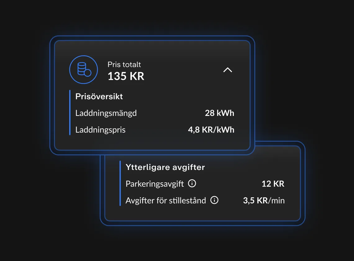 Priser för laddning sammanställda med totalbelopp, laddningsmängd och extrakostnader, på en mörk bakgrund med blå detaljer.