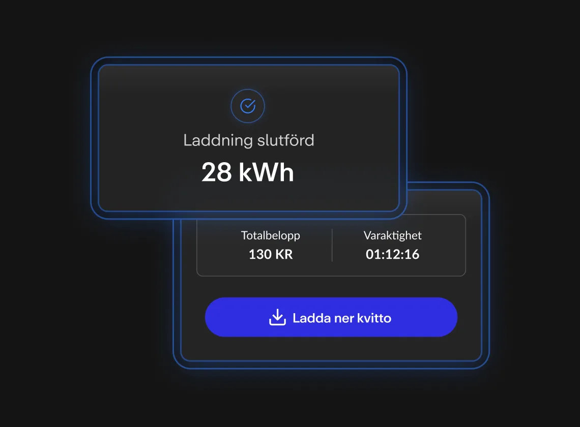 Svart bakgrund med två blågrå rutor. Den översta visar "Laddning slutförd" och "28 kWh". Den undre visar totalsumma och "Ladda ner kvitto".