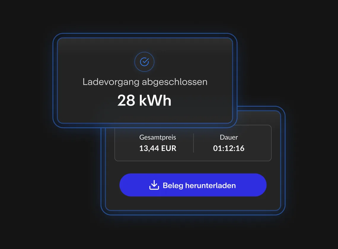 Abgeschlossener Ladevorgang mit 28 kWh, Gesamtpreis 13,44 EUR und Dauer 1:12:16. Download-Button für Beleg in blauer Farbe.