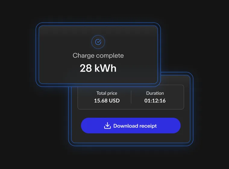 Charge complete notification showing 28 kWh. Total price: $15.68, Duration: 1:12:16. Button to download receipt below.