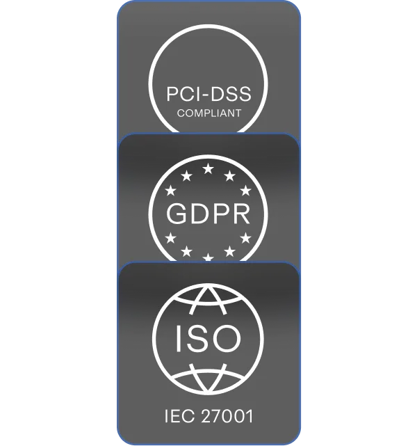 PCI-DSS, GDPR and ISO 27001 badges