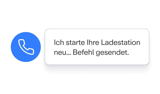 Blauer Telefon-Button links, rechts schwarzer Textbox mit der Nachricht: "Ich starte Ihre Ladestation neu... Befehl gesendet."