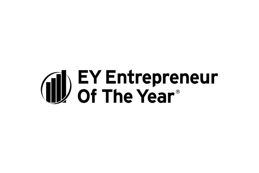 Black text reads "EY Entrepreneur Of The Year" alongside a stylised graph icon on a white background.