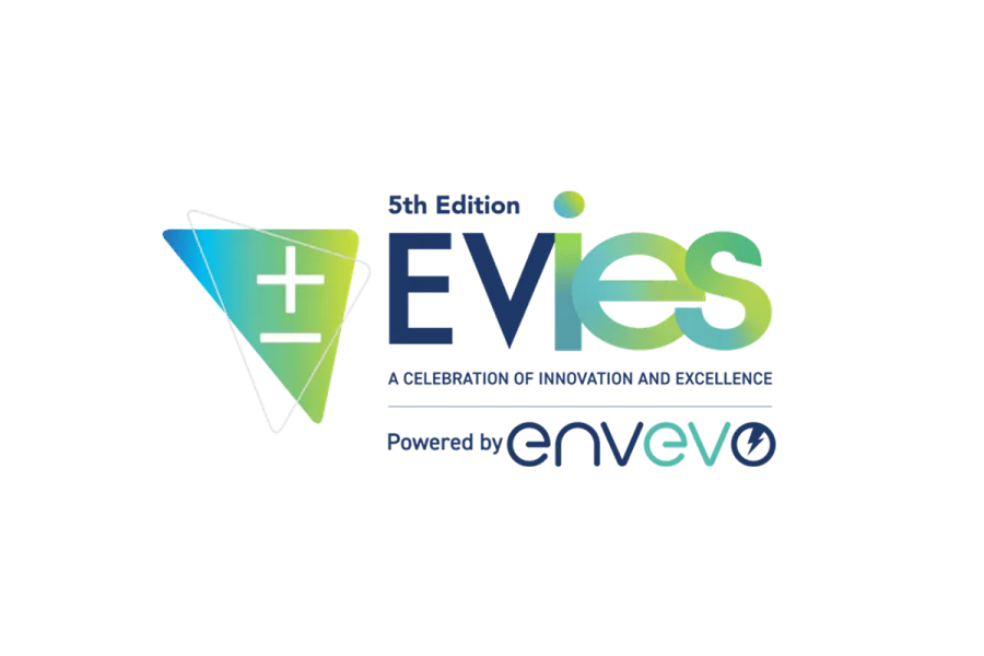 Logo for the 5th Edition EVies, featuring a gradient blue and green design, with a triangle and plus symbol, and powered by Envevo.