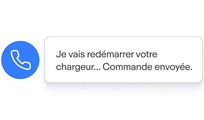 Icône de téléphone bleu à gauche, bulle de texte blanche avec le message : "Je vais redémarrer votre chargeur... Commande envoyée."