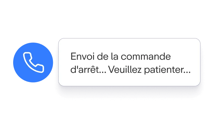 Logo de téléphone bleu avec une notification blanche indiquant "Envoi de la commande d'arrêt... Veuillez patienter...".