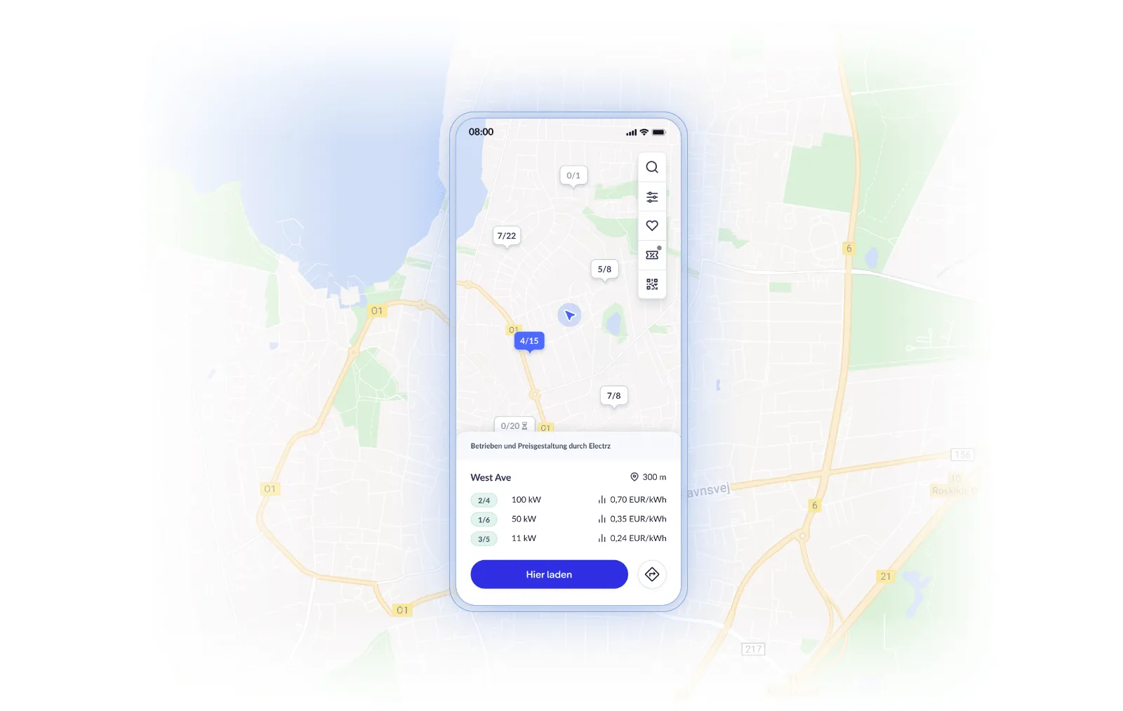 Mobiles Interface zeigt eine Landkarte mit Standorten und Werten für ein Roaming-Netzwerk, darunter Vorschläge zur Nutzung.