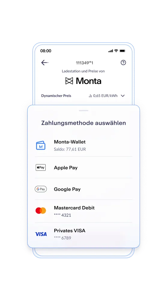 Zahlungsoptionen für Monta Wallet, einschließlich Apple Pay, Google Pay und Kreditkarten, auf einem mobilen Gerät angezeigt.