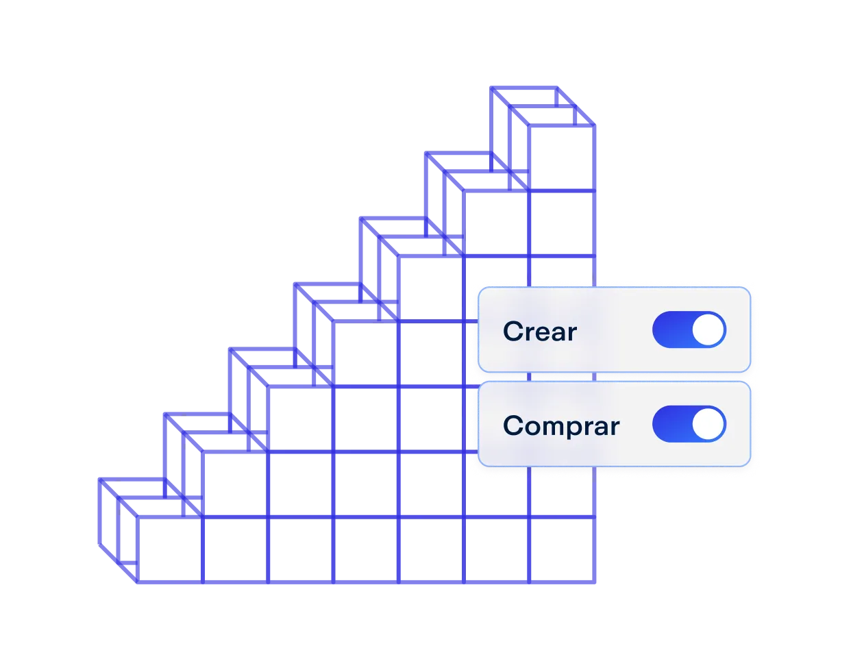 Gráfica en 3D de bloques apilados en forma de escalera, junto a botones de alternancia para